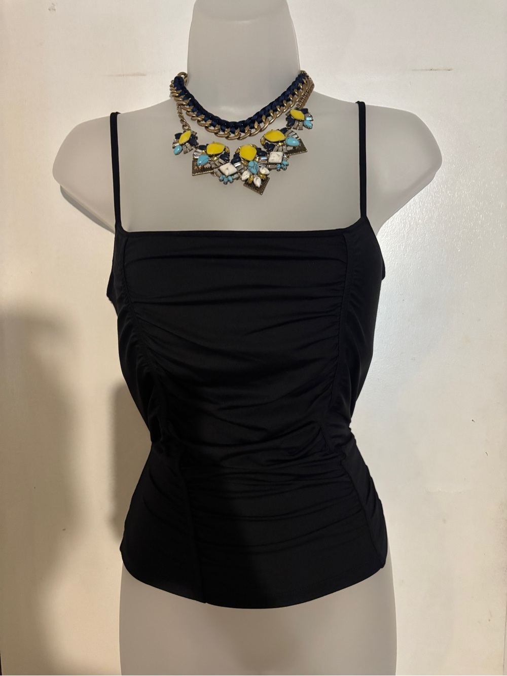 Vintage Body Con Black Ruched Spaghetti Strap Tank Top Size Medium by Cache.